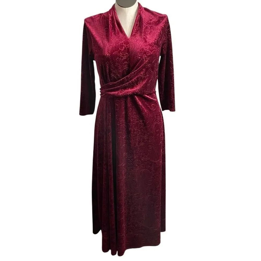 Vtg Surplice Wrap Midi Dress M Burgundy Matron Embossed Stretch Velvet Paisley